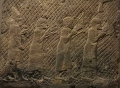 BCE 701 Israelis-Hebrews of Lakhish showing hair, beard, dress, harps & war turbans. (Sennacherib relief)